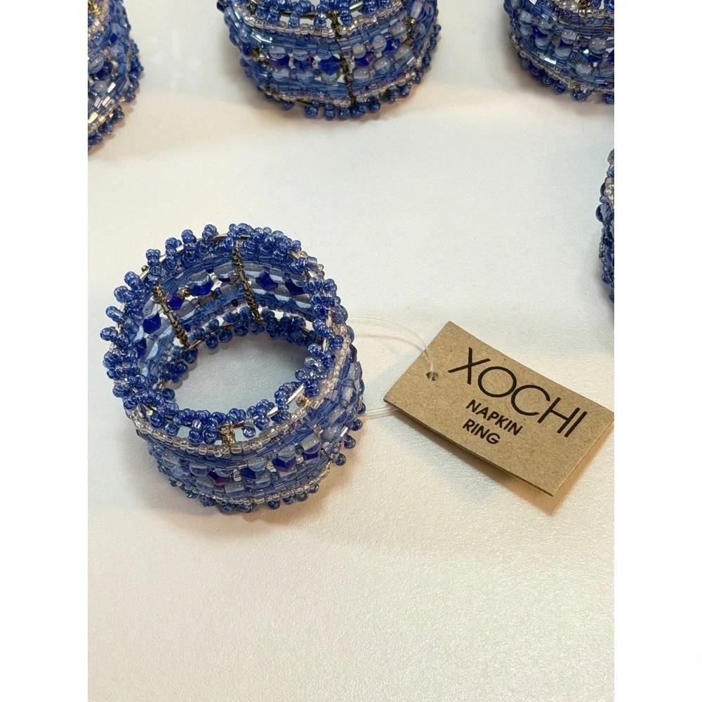 Xochi Napkin Rings Set Of 8 Blue Beaded Boho Bohemian Table Decor